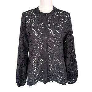 Joie Black Eyelet Cotton Button Down Blouse Band Collar Scalloped Hem Large